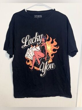 Thirty Single Black Lucky You Graphic Tee - Black with Orange & Pink Artwork